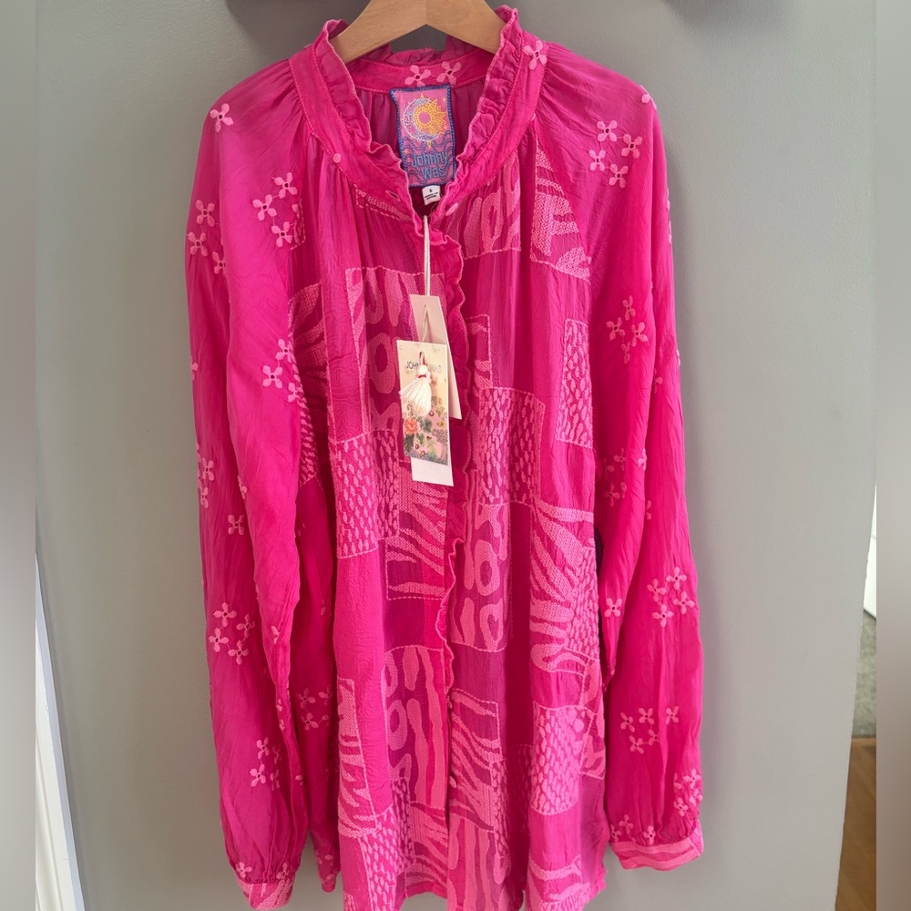 NWT Johnny Was Women's Magenta Molli Button-Up Animal Print Sheer Blouse / Small